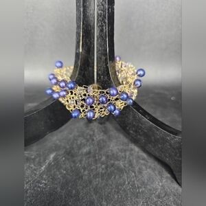 Handmade crocheted‎ bracelet with blue pearls and iolite chip beads